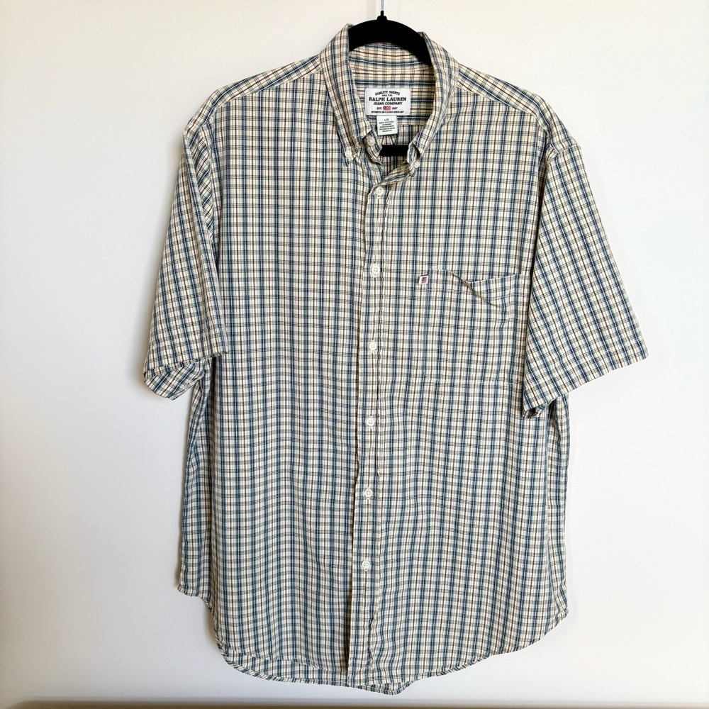 Vintage Ralph Lauren Plaid Shirt L Blue Beige Short Sleeve Button Down